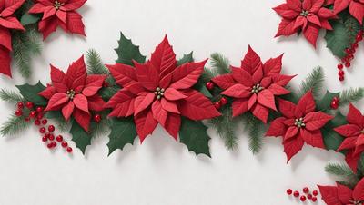 The primary subject of the image is a decorative arrangement of red poinsettias. The flowers are arranged in a row, creating a visually appealing display. The setting is a white wall, which serves as a clean and neutral backdrop for the vibrant red flowers. The visual style of the image is a combination of photo and digital art, as the flowers are depicted in a realistic manner while the arrangement is carefully crafted to create a harmonious and aesthetically pleasing composition. The dominant colors